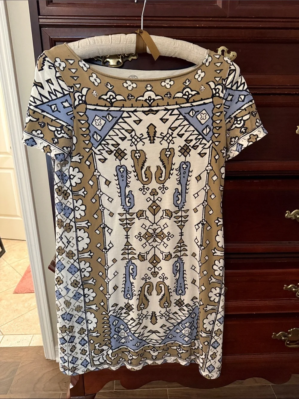 Tory Burch Short-Sleeve T shirt Dress - Blue, Tan & White